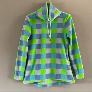 Dudley Stephens Women's Blue Neon Checkered Mock Neck Fleece Pullover Pockets S